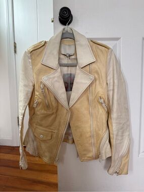 Vintage Leather Moto Jacket in Cream and Tan